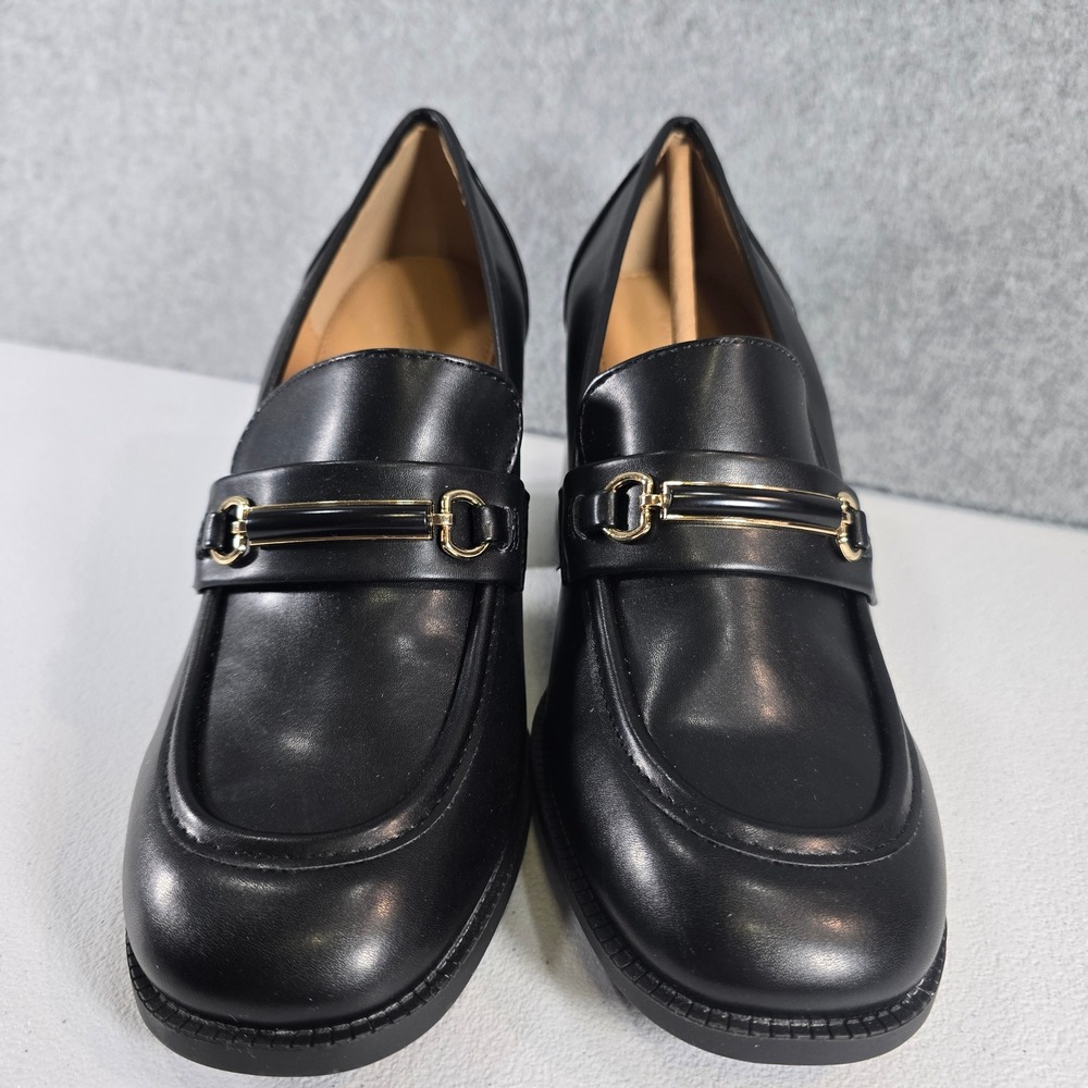 CosyFever Womens Black Heeled Loafers Gold Bit Detail Block Heel Pumps Size 9M